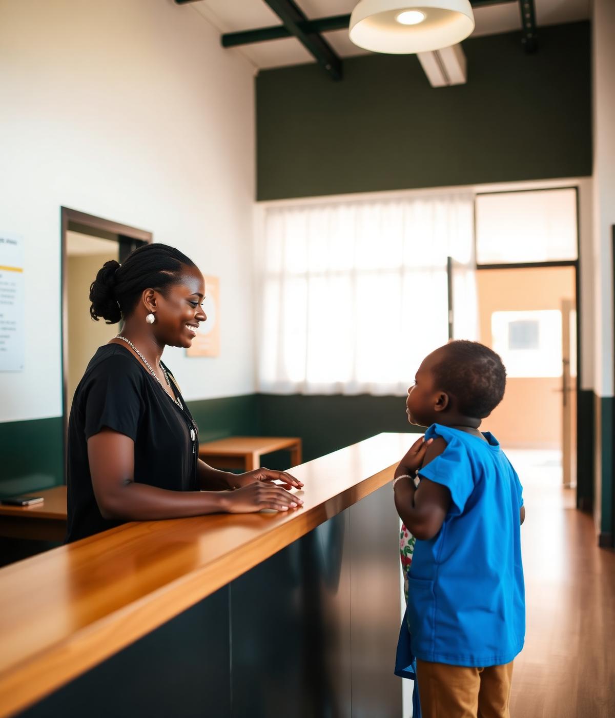 Reception staff welcoming a parent and child at Thuthukani Medical Centre